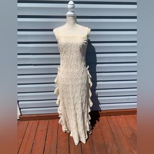 Vintage Kiskissay lace overlay gathered maxi dress with velour trim size medium